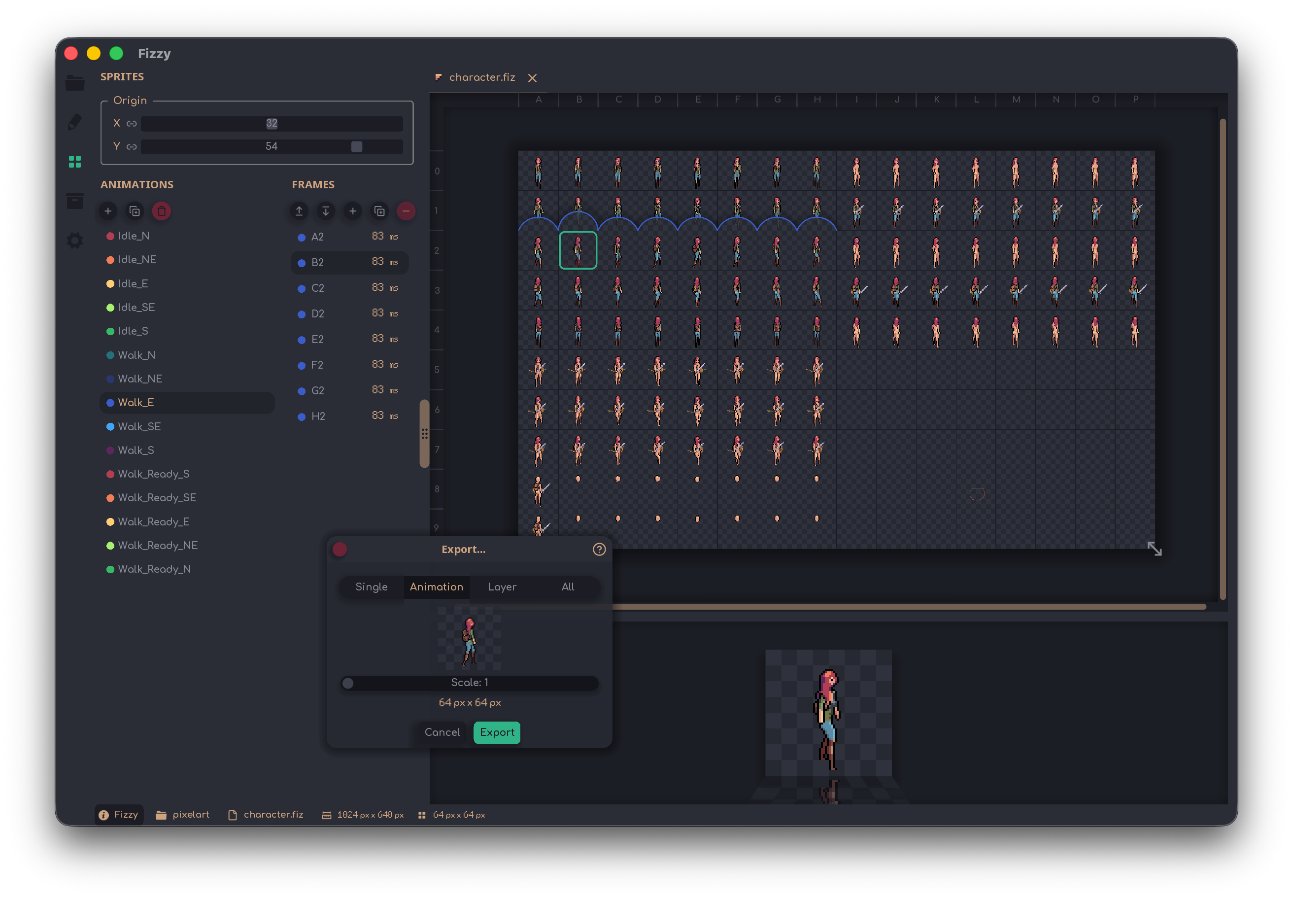 Fizzy editor — character.fiz sprite sheet with directional animations and the Animation export dialog open.