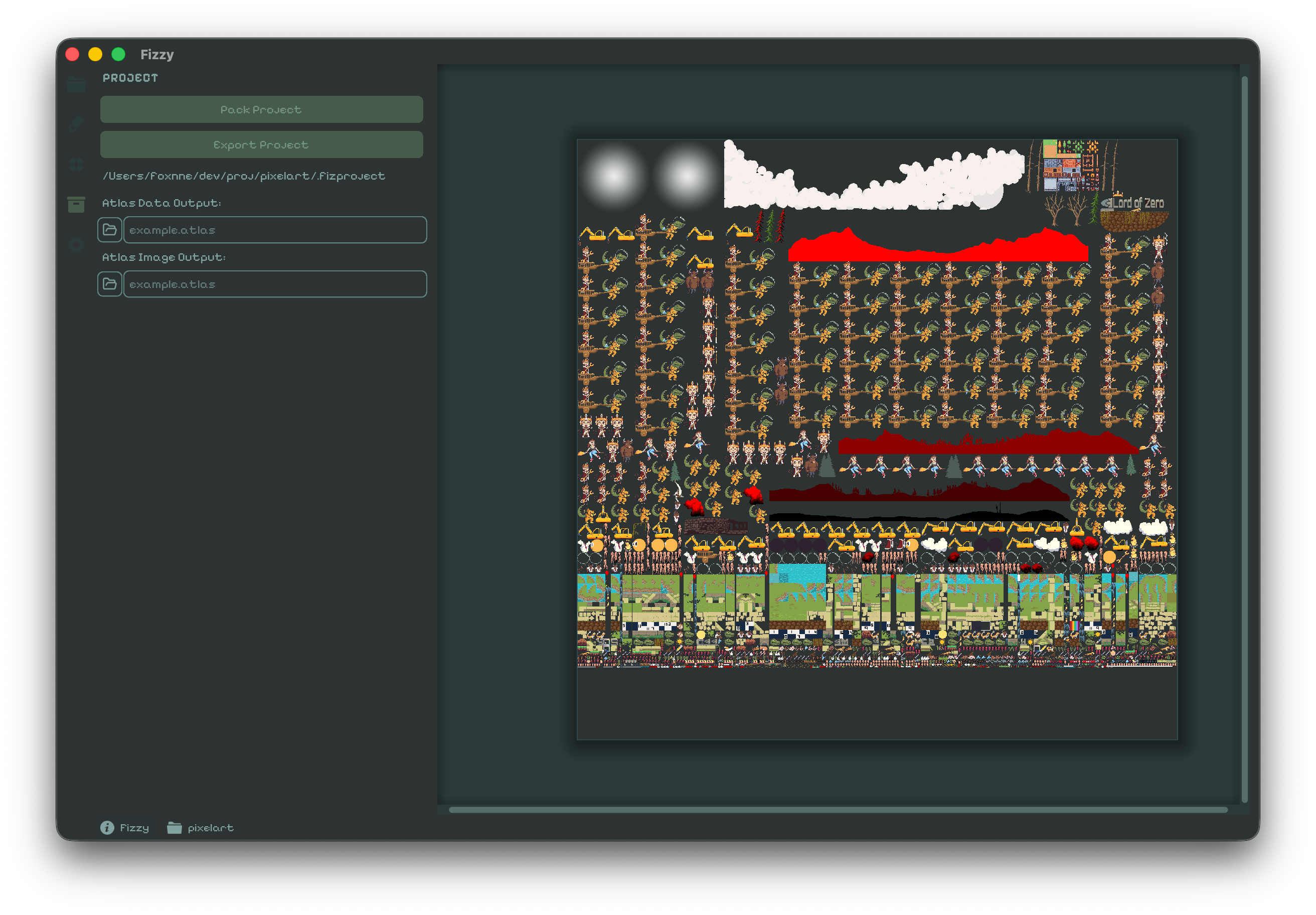 Fizzy editor in a red custom theme — project file tree on the left and a ground tile open on the canvas.