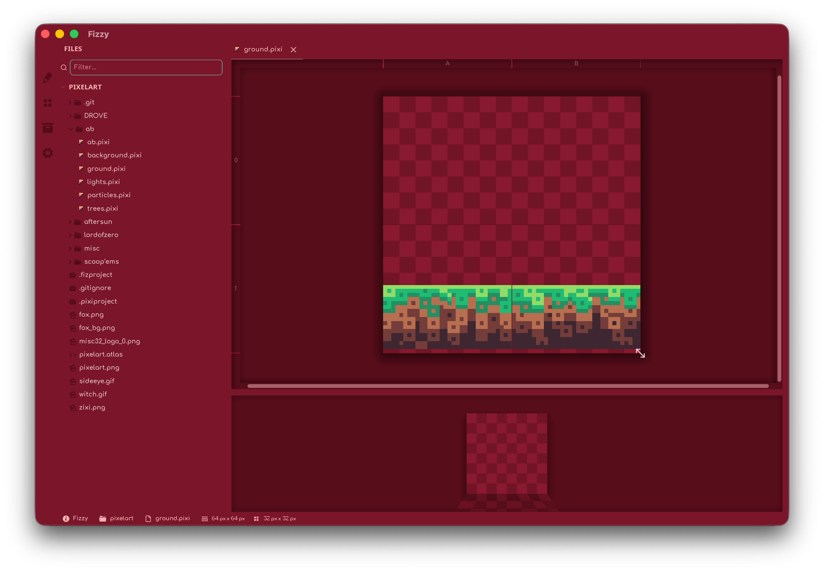 Fizzy project view — packed sprite atlas preview with Pack Project and Export Project actions.
