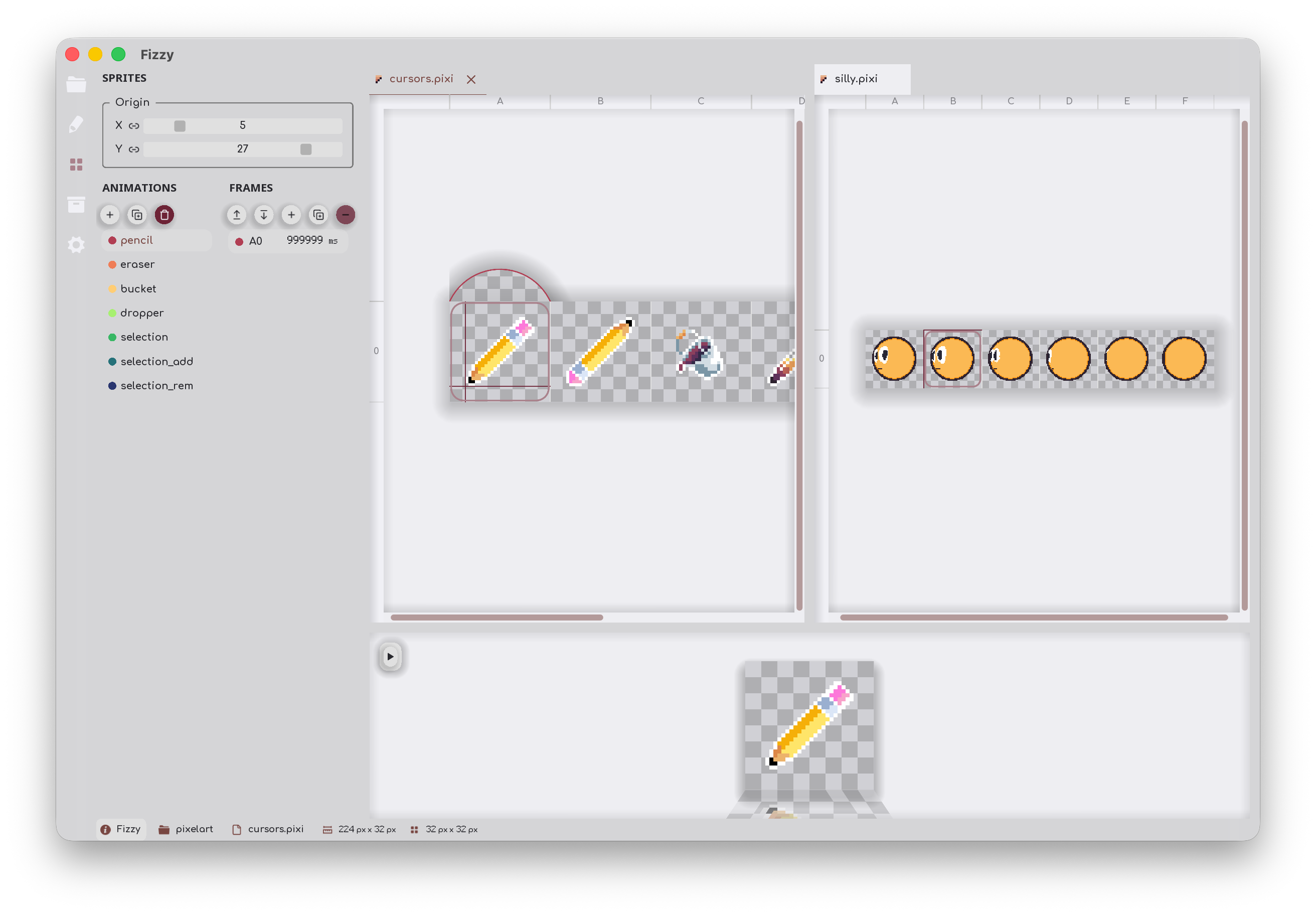 Fizzy editor in light mode — cursors.pixi and silly.pixi open side by side with tool sprite animations.