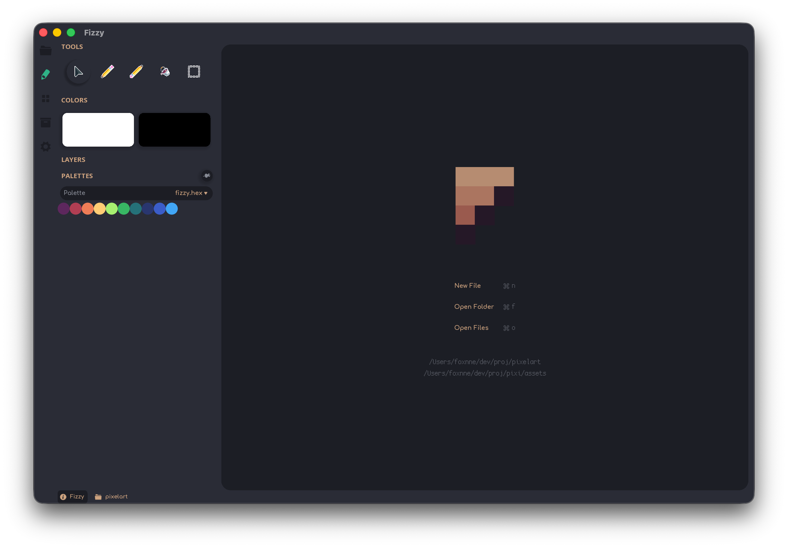 Fizzy welcome screen — large F logo with New File, Open Folder, and Open Files shortcuts.